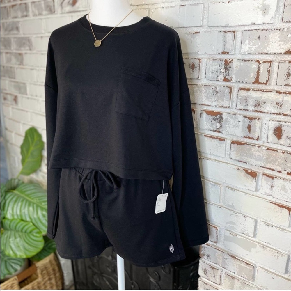Free People Movement Sunny Crop Sweatshirt and High Waist Shorts Set Black S - Picture 2 of 8